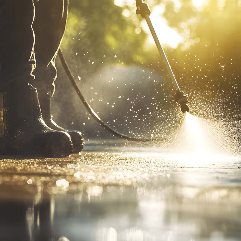 A pressure washer spraying a backlit jet of water across paving.